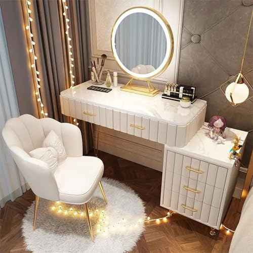 AnYaBinni Schminktisch mit 3-farbigem LED-Spiegel, Einstellbarer Helligkeit, Kosmetiktisch mit 4 Schubladen aus Massivholz, Samtstuhl für Damen und Mädchen, Flexible Montage, 80/100 * 40 * 76 cm