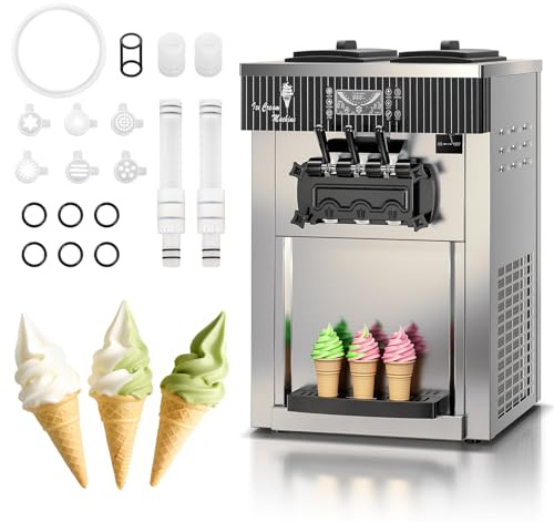 LEEVOT Gelatiera Soft Serve, Produzione 28 QT/H 2450W Da Banco Commerciale, 2 Vasche 6L, 3 Erogatori, Pannello LCD, Autopulente e Pre-raffreddamento, per Ristoranti Bar Snack Bar 220V50Hz
