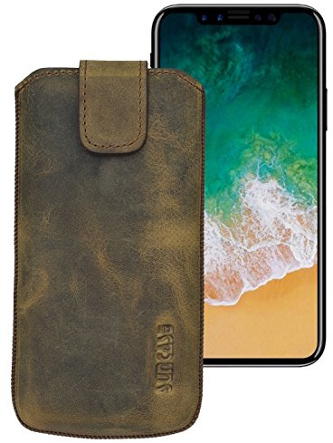 Suncase ECHT Ledertasche Leder Etui für iPhone XS - iPhone X Tasche (mit Rückzugsfunktion und Klettverschluss) antik-braun