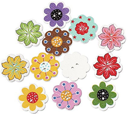 SiAura Material - 50 Stück Runde Holzknöpfe 20 mm Blumenform, Bunt gemischt, 2 Löcher I Zum Nähen, Basteln und Dekorieren