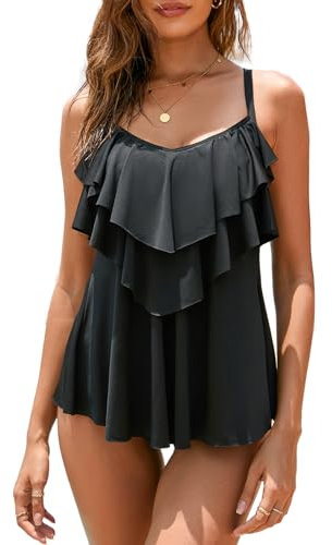 WIN.MAX Maillot de Bain 2 Pièces Femme Tankini Ensembles Maillots Bikini Set Imprimer Vintage (Noir, EU42)