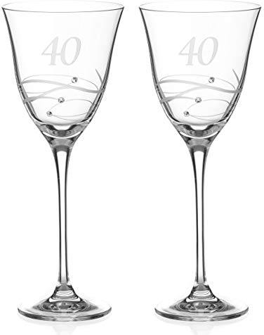 DIAMANTE Swarovski 40th Birthday or Anniversary Wine Glasses – Pair of Crystal Wine Glasses with Hand Etched “40” with Swarovski Crystals