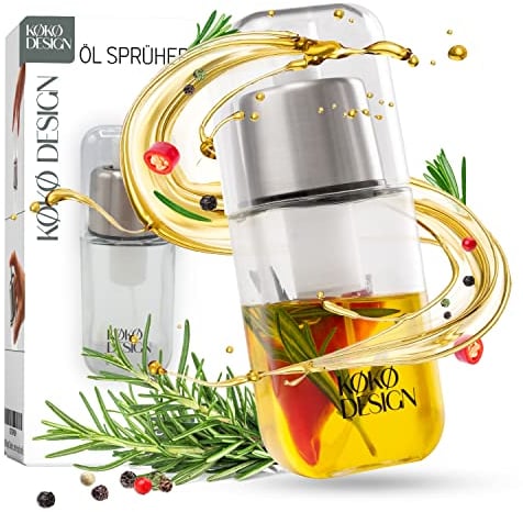KØKØ Design® Öl Sprüher PRO LINE [Das OriginaI] mit der integrierten Pumpe, dadurch mit extra starker Zerstäubung - Zerstäubt alle Öle - inkl. Filter für Chili - Ölsprüher für Speiseöl