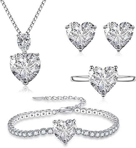 Loutade 925 Sterling Silver Jewellery Set for Women - 4 PCS Heart Necklace, Earrings, Ring, Bracelet With White Cubic Zirconia