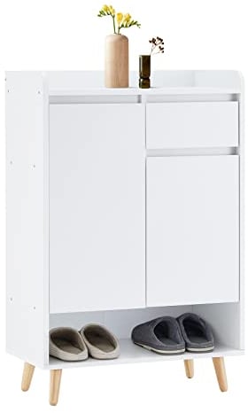 LEMROE Zapatero de madera con 2 puertas, organizador de zapatos de 5 niveles con 1 cajón y 5 estantes para pasillo, color blanco, 60 cm de ancho