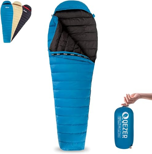 QEZER Sommer Schlafsack,nur 620g Ultraleicht Daunen Schlafsack Kleines Packmaß für Kind,Jungen und Mädchen,Erwachsener Camping,Trekking Outdoor (7℃)