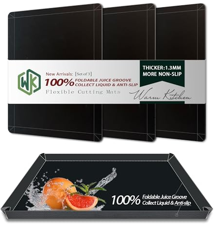 WK Flexible Kunststoff-Schneidebretter Matten mit Lippe, Faltbares Schneidebrett für Küche 3er Set, Schwarze Schneidebretter für Fleisch, rutschfeste Schneidematten Blätter, BPA-frei,