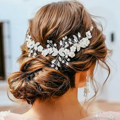 Ushiny Blumen-Hochzeits-Stirnband, silberfarben, Brautschmuck, Weinrebe, Kristall-Haarschmuck, Braut-Kopfschmuck für Damen und Mädchen