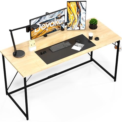Devoko Computer Desk 120 x 50 x 75 cm, Home Office desk with Hook, Study Writing Desks, Laptop Table for Home Workstations, Industrial Design Black Desk Metal Frame, Beige