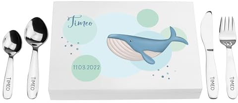 LAUBLUST Couverts pour Enfants gravés avec boîte Cadeau personnalisée en Bois - Motif Baleine - Blanc - 4 pièces - Couverts de Table en Acier Inoxydable - Cadeau personnalisé