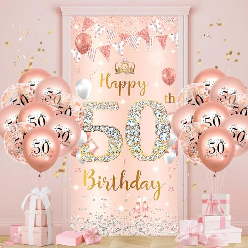 Rose Gold 50th Birthday Decorations Banner for Women, Happy 50th Birthday Door Banner with 18pcs 50th Balloons for Women 50th Birthday Anniversary Party Backdrop Decor Supplies Sign Porch Background