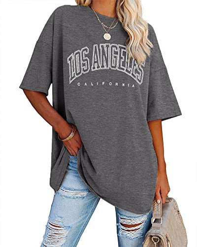 Ebifin Oversize T Shirt Damen Vintage Kurzärmeliges Rundhals Los Angeles Oberteile Tops Casual Lockere Basic Sommer Tee Shirts Bluse.Dunkelgrau.XXL
