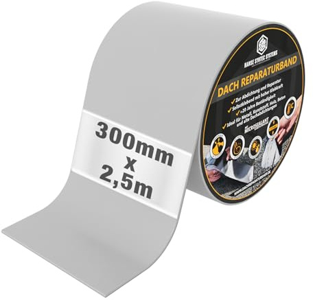 HSS Dach Reparaturband 20 Jahre beständig 300mm x 2,5m Grau selbstklebend | 300mm x 2,5m · Für Dach & Abdichtungen · Wasserdichtes Klebeband · Ohne Lösemittel · Graues MicroSealant Dichtungsband