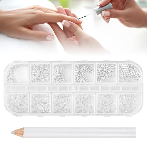 GOLRISEN Nagelsteine Weiße Perlen für Nägel Halbrunde Perlenkugeln Strasssteine Nail Art Dekorationen Nagel Mini Perlen Nagelzubehör mit Dotting Pen für DIY Nagel (1 Schachtel/12 Raster,12 Größen)