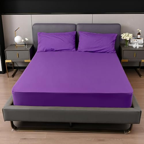 Quality Beddings Double Fitted Sheet 25cm Deep Pocket | Hotel Quality Brushed Microfibre, Ultra Soft & Breathable Fitted Bed Sheet | Shrinkage and Fade Resistant Bottom Sheet (Purple)