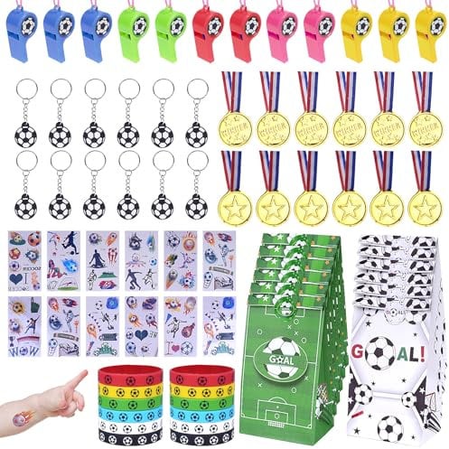 MOSTFUN 72 Pcs Football Party Bags, Football Party Bags Fillers with Football Goodie Bags Medals Keyring Whistles Tattoos Wristbands Football Party Favours for Kids Birthday Gifts