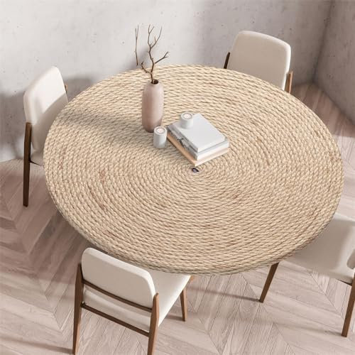 Chickwin Mantel Redondo Antimanchas con Bordes Elástica, Mantel de Mesa Redondo Exterior Patrón de Tejido de Yute 3D Cubierta de Mesas Lavable para Jardín, Cocina y Picnic (90cm,Estilo B)