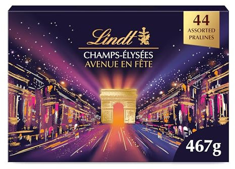 Lindt - Boîte CHAMPS-ÉLYSÉES Édition Avenue en Fête - Assortiment de Chocolats au Lait, Noirs et Blancs - Pralinés, Croustillants et Onctueux - Idéal pour Noël, 467g