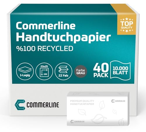 Commerline 10000 Blatt Papierhandtücher, 25x23 cm ZZ-Falz Handtuchpapier für Spender, 1-lagig Einmalhandtuch aus Papier, Falthandtücher für Toiletten, Hygienische Handtücher für Restaurants, Grau