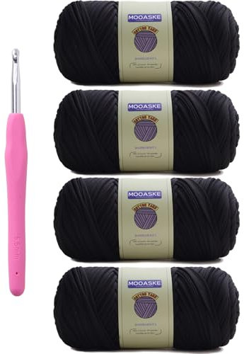 Mooaske T-Shirt-Häkelgarn für DIY-Stricken, Häkeltuch, Decke, Tasche, Puppen, 800 g, dickes Garn zum Häkeln mit Polyester-Spandex-Mischung, elastischem Stoff (schwarz), 4 Stück