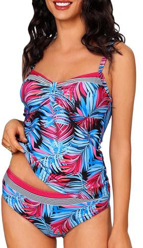 Aottori Maillot de Bain Femme 2 Pièce Tankini Imprimé Rembourré Maillot avec Short Maillots de Bain Push Up Bikini Rayures Rembourré Beachwear Bleu Rose L