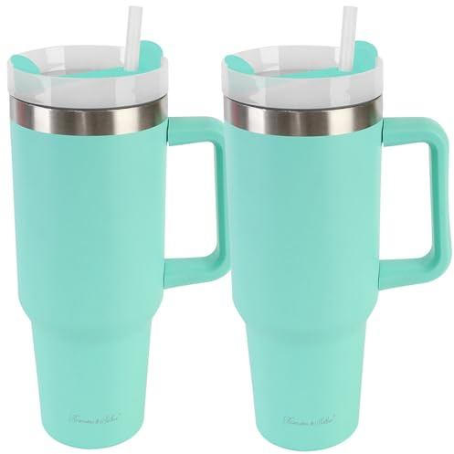 Rosenstein & Söhne Thermosbecher: 2er-Set doppelwandige Vakuum-Thermobecher, 1.200 ml, Trinkhalm, mint (Thermobecher mit Henkel und Deckel, mit Henkeln, Bier)