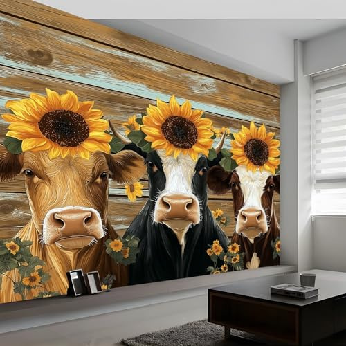 Fototapete 3D EFFEKT Vliestapete mit Geruch Freiheit Tiere Sonnenblumen Kühe 200 x 140 cm für Wohnzimmer Schlafzimmer Kinderzimmer Flur Modern Vlies Tapete Wandtapete Motivtapeten Braunes Schwarz