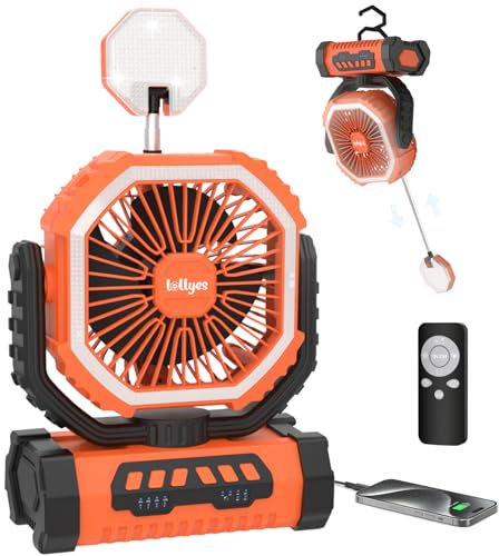 Ventilador de Camping de Sobremesa con Luz, 20000mAh Ventilador Portátil Recargable con Mando a Distancia y 360 ° Gancho Giratorio, 4 Velocidades Para Interior, Viajar, Tienda de Campaña (Naranja)
