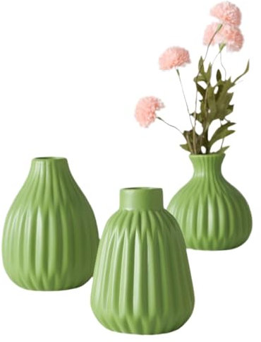 Vasen Set Greenfresh 3-teilig, Keramik Geriffelt, Matt Grün, 12 cm Höhe