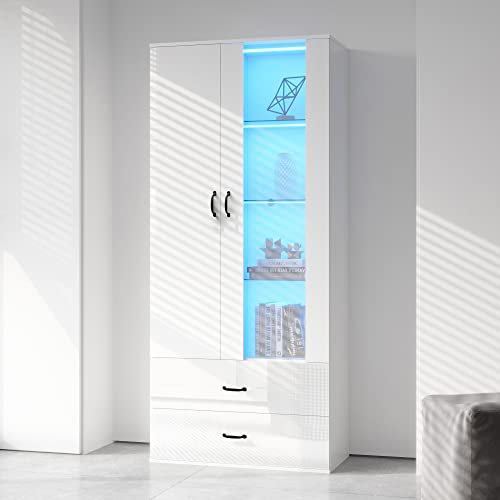 Vitrine mit LED-beleuchtete Standvitrinen mit 2 Türen 2 Schubladen Freistehende Buffetschrank für Wohnzimmer Küche Schlafzimmer Büro Hoch Lagerschränke Weiß