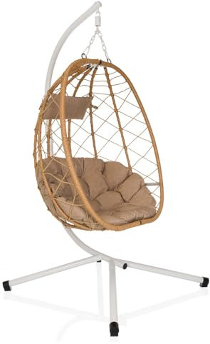 hjh LIVING Fauteuil Suspendu avec Support COCOVA Outdoor Chaise Suspendue avec Coussin, Fauteuil pour Jardin, Balcon, terrasse et Salon, Blanc/Beige