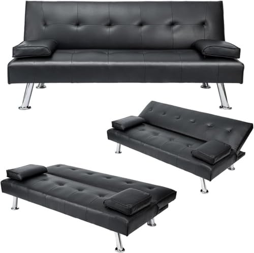 3 Seater Sofa Bed Adjustable Angle Sofa with Wooden Legs for Living Room Guest Room Office (Leather Black)