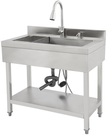 Fregadero de cocina de acero inoxidable independiente, 1 lavabo, fregadero de cocina comercial con grifo con mangueras de agua fría y caliente, fregadero para exteriores, para garaje, lavandería