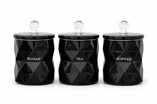 ONE BEST DEAL OBD Marble Tea Coffee Sugar Canisters Set Airtight Crystal Lids Unique Design Kitchen Decor & Housewarming Gift Set (Black)