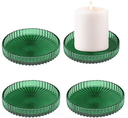 4 Pieces 3.46''/8.8 CM Pillar Candle Tray Plate Home Decor Set, Round Crystal Candle Holders Dish Clear Decorative Stand for Table Centerpieces Wedding Party Holiday (Green)