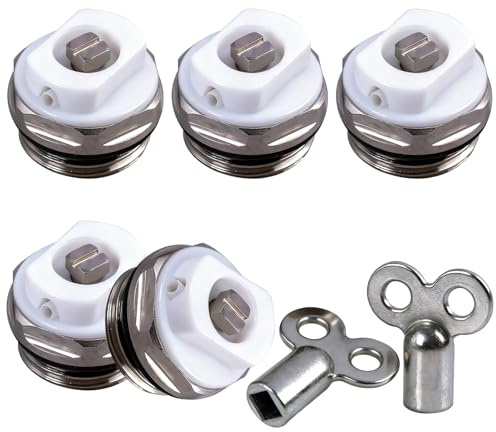 5 Vannes de Purge de Radiateur avec 2 Clés de Purge pour Radiateur Soupape de Ventilation de 1/2 Pouce avec 2 Clés de Purge pour Évacuation Manuelle de l’Air - Accessoires Durables pour Radiateurs