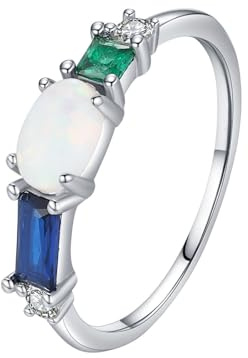 Freundschaftsringe Weissgold 14K, Engagement Ring Rund mit Weißem Ovalem Opal Größe 58 (18.5)