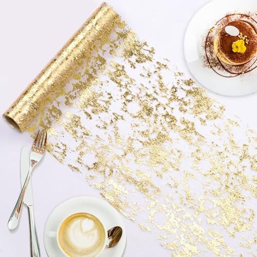 Tischläufer Gold, 28cm x 25m Tischband mit Beschicht in Glänzend Golden, Goldband-Dekoration für Esstisch, Polyester Tischdeko Herbstlich für Table Hochzeit, Party, Geburtstag, DIY-Dekoration
