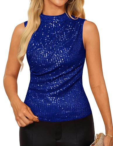 GRACE KARIN Herbst Winter Festliche Oberteile Neckholder Pailletten Bluse Sparkle Party Camisole Blau XL