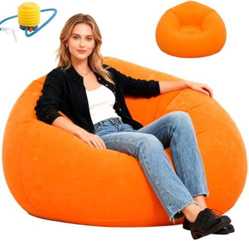 CEWROM Air Sofa Aufblasbarer Sessel Ohne Bohnen Sitzsack Superweich Waschbar Aufblasbares Sofa mit Beflockter Oberfläche, Tragbarer Luft Liegestuhl für Wohnzimmer Schlafzimmer Camping Outdoor (Orange)