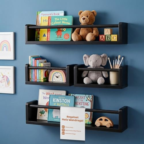 PEGSEN Wandregal Holz 4er Set – Kinderzimmer Regal aus Massivholz – Bücherregal Wand für Kinder, Spielzeug & Deko – Schweberegal Babyzimmer – Regalset (Schwarz)