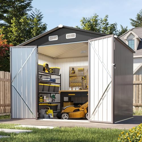 Aoxun 8x6ft Großes Metallgerätehaus 224x161x196cm, mit Doppeltür, Braun | wetterfestes Gartenhaus mit Satteldach, abschließbarer Geräteschuppen für Garten, Hinterhof, Terrasse und Hof