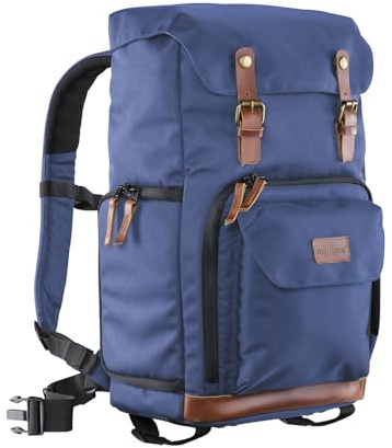 Mantona Luis Retro Fotorucksack blau mit Leder, Kamerarucksack inkl. Regenschutzhülle, Fototasche mit Laptopfach, Backpack geeignet für 1 x DSLR-Kamera, 3 x Objektive und diverses Fotozubehör