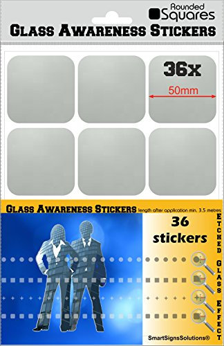 36 Rounded Squares Glass Awareness Stickers 50mm Etched Effect Frosted Film Patio Doors Shops Office Public Areas