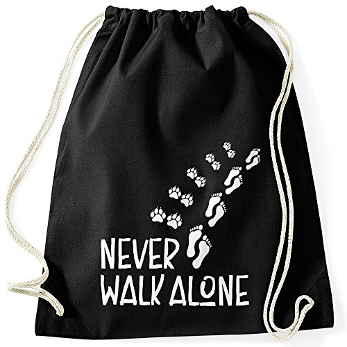 MoonWorks Turnbeutel Never Walk Alone Hund Pfoten Hundepfoten Pfotenabdrücke Hundebesitzer Hipster Beutel Tasche Sportbeutel Gymsac Gymbag schwarz Unisize