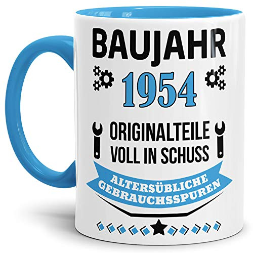 Geburtstags-Tasse Baujahr 1954 Innen & Henkel Hellblau/Kaffee-Tasse/Mug/Cup/Becher/Lustig/Witzig/Fun/Geschenk-Idee/Geburts-Jahr/Scherz-Artikel/Geburtstags-Geschenk