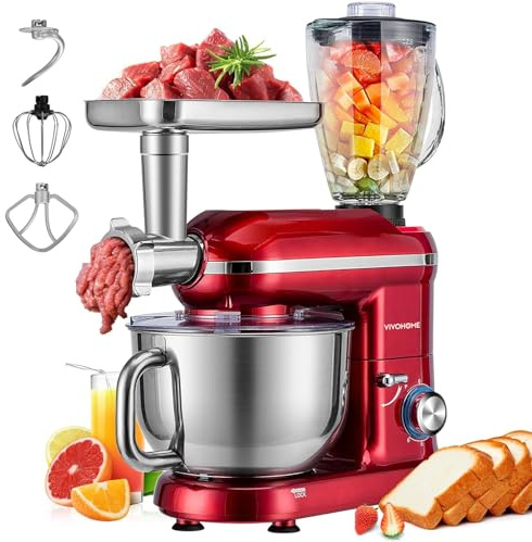 VIVOHOME 3-in-1 Stand Mixer, 6-Quart Tilt-Head Mixer, 10 Speeds, Red