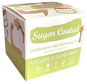 Sugar Coated Organic Underarm Hair Removal Sugar Wax Kit, Gentle Waxing Kit with Strips & Lemongrass Oil, At-Home Hair Wax for Sensitive Skin, Non-Damaging Hot Waxing, 200g