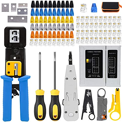 LEATBUY CAT5 Crimper Tool Kit for RJ45 Crimpzange Set CAT6, Professional Network Crimper Wire Connector Stripper Cutter, Computer Maintenance Ethernet Lan Cable Pliers Tester Repair (Blue)