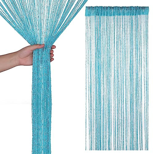 Trimming Shop String Curtains Glitter Fringe Panel Fly Screen Doorway Curtain Closet Window Doors Sequin Sheer Room Divider Tassel for Doorway, Windows, Home Decoration, 200cm x 90cm, Turquoise